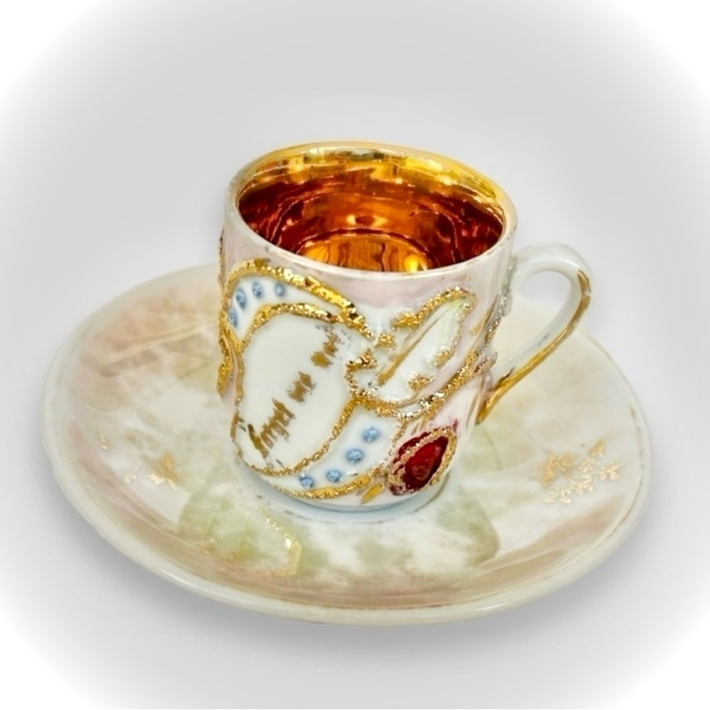 Vintage German Porcelain Demitasse Cup & Saucer Raised Enamel Gold Gilt Antique - Picture 3 of 10